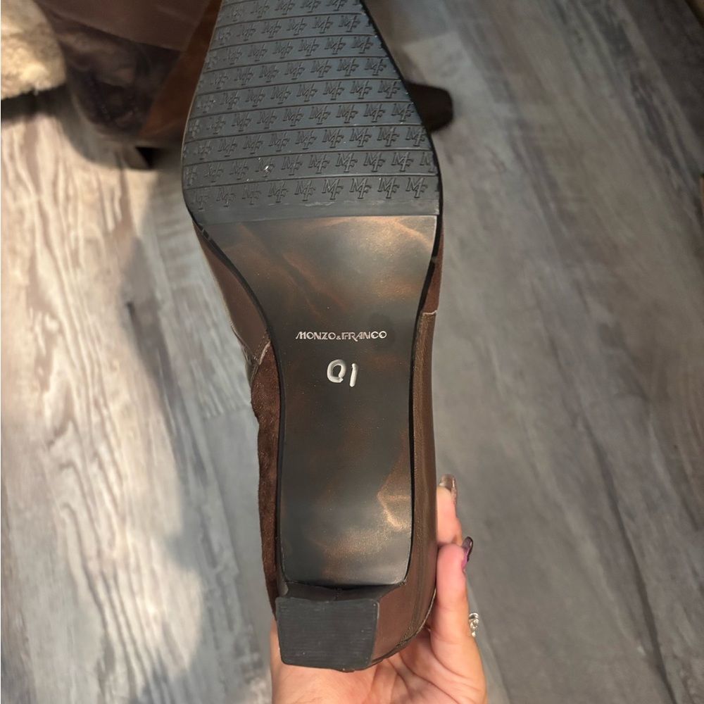 Brown Patchwork Heeled Ankle Boots - image 2